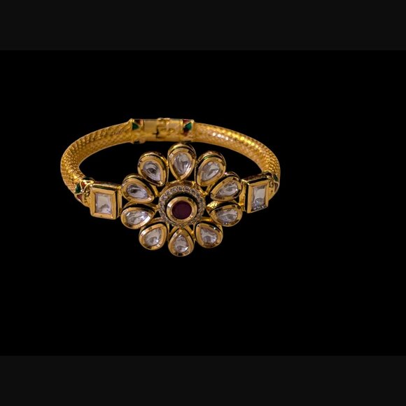 Kudan Gold Plated Ruby And CZ Hinged Bangle Bracelet 6.25" - Picture 9 of 12